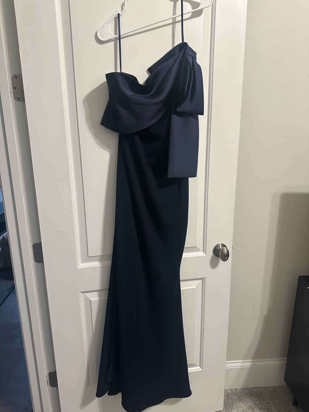 Betsy & Adam Satin Bow One Shoulder Scuba Crepe Sleeveless Gown
